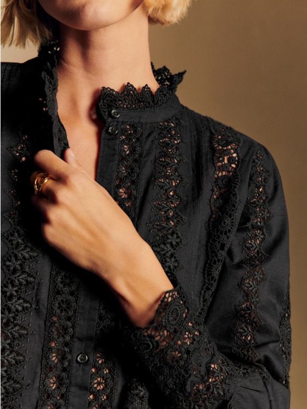 SEZANE NWT Black Floral Embroidered Crochet Lace Button Down Rym Shirt Blouse - Picture 8 of 16